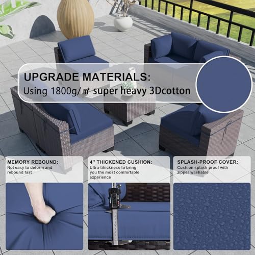 Kullavik 12PCS Outdoor Patio Furniture Set,PE Wicker Rattan Sectional Sofa Patio Conversation Sets with Tempered Glass Table,Swivel Rocking Chairs Set,Navy Blue