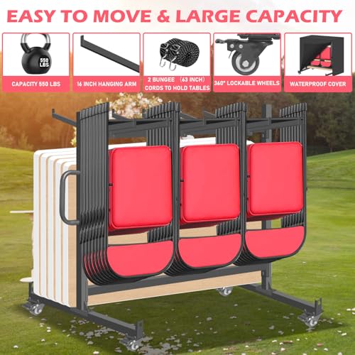 Folding Chair Rack & Cart – Heavy-Duty Folding Chair Storage Dolly with Lockable Wheels, Holds 42 Chairs or 12 Tables (550 lbs Capacity) – Includes Outdoor Weatherproof Cover and Bungee Cords