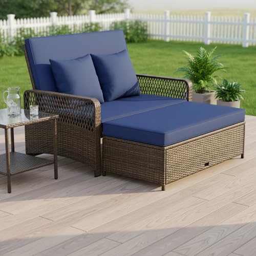 Tangkula Patio Rattan Daybed with 4-Level Adjustable Backrest, 2-Person Outdoor Wicker Loveseat with Storage Ottoman & Soft Cushions, Double Sunbed Lounger for Backyard, Porch, Poolside (Navy)