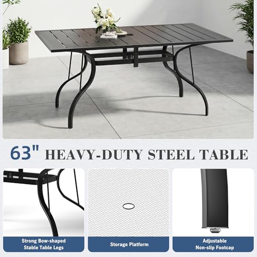 HOMREST 7 Piece Outdoor Patio Dining Set for 6, 63" Rectangular Metal Table with Umbrella Hole and Storage Shelf, Stackable Steel Chairs, Large Patio Furniture Set for Deck/Backyard/Poolside/Garden