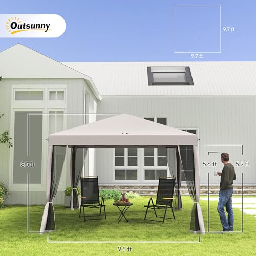Outsunny 10' x 10' Pop Up Canopy Tent with Netting, Instant Gazebo, Screen House Room with Carry Bag, Height Adjustable, for Outdoor, Garden, Patio, Camping, Beige