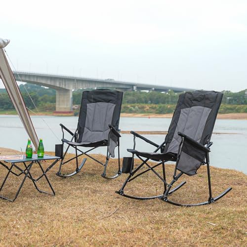Romswi 2 Pack High Back Portable Rocking Chair with Hard Armrests, Oversized Folding Rocker Camping Chairs for Outdoor, Heavy Duty 400 lbs Patio Lawn Chairs