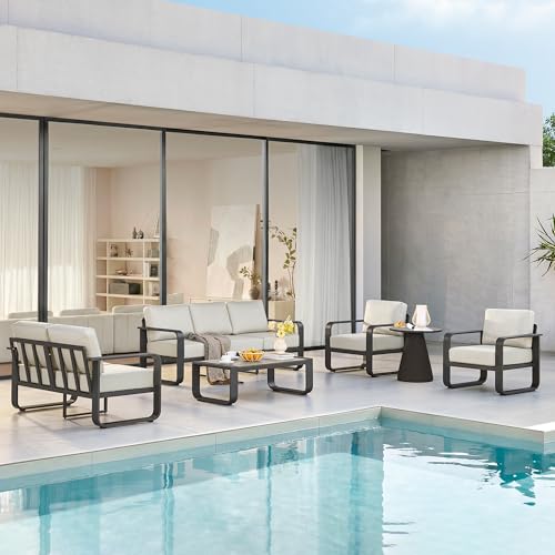 CHITA Outdoor Furniture Set 4 Piece, 5-Seats Patio Conversation Set with 6.3in Thick Cushions & 100% Aluminum Frame & Coffee Table, Modern Outdoor Patio Furniture Sofa Set for Poolside, Deck, Balcony