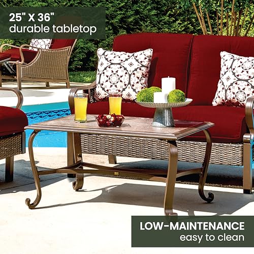 Hanover Ventura Outdoor 4-Piece Conversation Set with Loveseat, 2 Rocking Chairs, Crimson Red Cushions, 4 Pillows and Ceramic Tile Coffee Table, All-Weather 4-Piece Patio Set