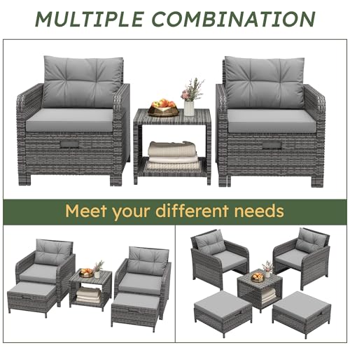 LHBcraft Outdoor Furniture 5 Piece Patio Conversation Set, PE Rattan Patio Set with Soft Cushions & Coffee Table, Outside Furniture with Hidden Ottoman for Porch, Lawn, Garden, Balcony, Grey