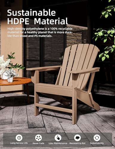 BUPPLEE Folding Adirondack Chair, 450 LBS Heavy Duty HDPE Poly Lumber Fire Pit Chair for Outside, All-Weather Resistant Plastic Adirondack Chairs for Patio, Garden, Deck & Backyard, Pale Ocre