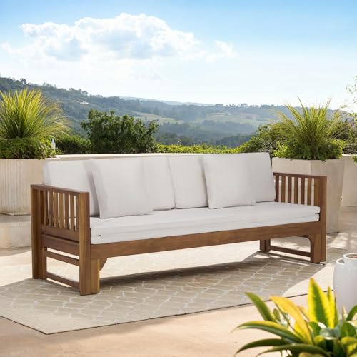 SAFAVIEH Outdoor Patio Furniture Collection - Napoli Brown & Cream Solid Wood Bench Convertible Daybed with Cushions, Versatile Patio Seating (PAT6805A)