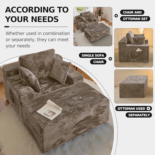 CHORRO 66" Chaise Lounge Chair Indoor,Oversized Boneless Single Sleeeper Couch Bed,Corduroy Cloud Sofa with 3 Soft Pillows for Livingroom,Bedroom,No Assembly,(Khaki)