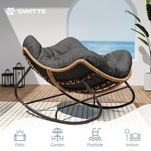 SWITTE Outdoor Rocking Chair, Oversized Patio Papasan Rocker, Comfy Wicker Reading Lounge, Indoor Bed-Like Egg Chair for Bedroom,Balcony, Porch, Garden, Dark Grey
