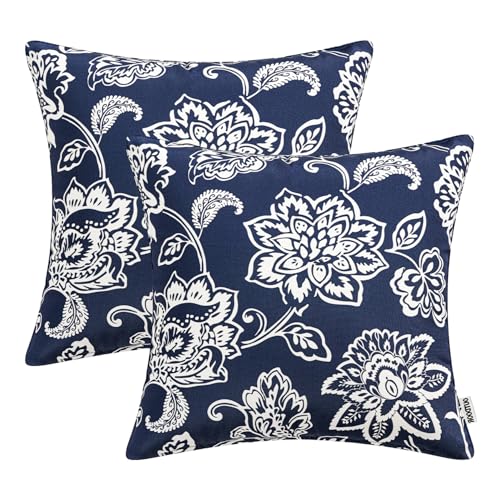SWANCOCO Decorative Outdoor Floral Pillow Covers Set of 2,Waterproof Boho Farmhouse Throw Pillows Summer Coastal Accent Pillowcases for Patio Furniture Garden Sofa 18x18 Inch, Navy Blue
