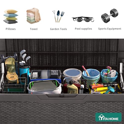 YITAHOME 100 Gallon Large Deck Box, Outdoor Resin Storage Boxes for Patio Furniture, Outdoor Cushions, Garden Tools, Water Resistant and Lockable