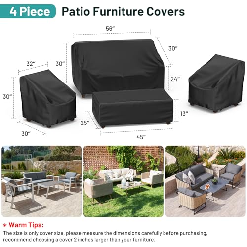 Mrrihand Patio Furniture Covers, 4 Piece Outdoor Furniture Cover Waterproof includ Ourdoor Sofa Cover, 2 Chair Covers, Coffee Table Cover with Windproof Buckle Strap and Adjustable Drawstring-Black