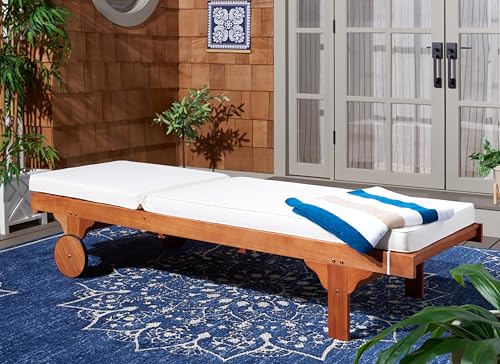 SAFAVIEH Outdoor Collection Newport Natural/ Beige Cushion Built-in Side Table Adjustable Chaise Lounge Chair