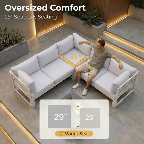 NICESOUL 7 Piece White Powder-Coated Aluminum Patio Furniture with Fire Pit Table, 29 Inch Extra Wide Outdoor Sectional Sofa for 6, High-End Heavy Duty L-Shaped Large Couch for Backyard, Light Gray