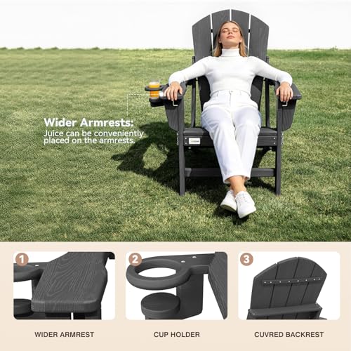Mdeam Oversized 3-Level Adjustable Adirondack Chairs Set of 2, 400LBS Capacity HDPE Heavy Duty Tanning Chair with Cup Holder, All-Weather Folding Fire Pit Outdoor Chair for Patio Garden Lawn - Grey
