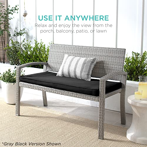 Best Choice Products Outdoor Bench 2-Person Wicker Garden Patio Benches Seating Furniture for Backyard, Porch w/Seat Cushion, 700lb Capacity - Brown/Tan