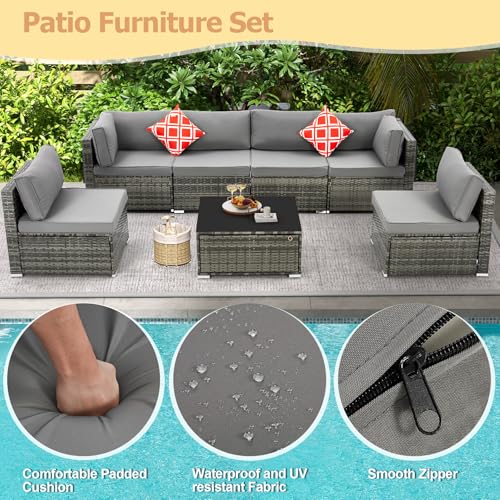 HOMREST 7 Piece Patio Furniture Set with Adjustable Bracket All-Weather Wicker Conversation Set with Coffee Table for Porch Garden Backyard (Gray)