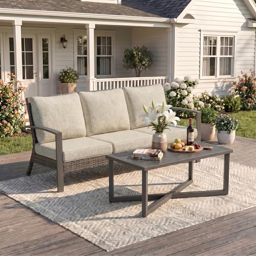Green4ever Patio Sofa, 2 Pieces Patio Furniture Set with Coffee Table, Wicker Outdoor Furniture with Cushions, Outdoor Couch Set for Porch, Outside Couch for Pool, Deck, Garden, Backyard, Beige