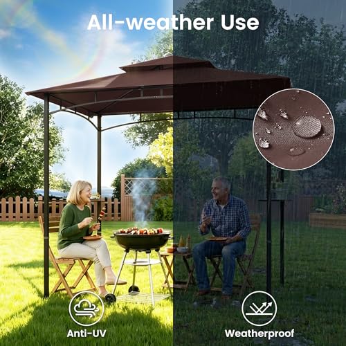 Murago 8x5 Grill Gazebo, BBQ Gazebo for Outdoor Grill, All Weather BBQ Canopy with 2 Shelves and Utensil Organizer, Steel Frame with Bottle Opener for Patio, Backyard, Grilling, Brown