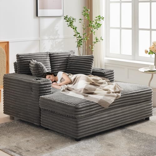 GarveeHome 60-inch Oversized Chaise Lounge Chair Indoor, Comfy Corduroy Lounge Sofa with Charging Station, Cup Holders & Throw Pillows, Cozy Sleeper Couch for Living Room Apartments, Grey
