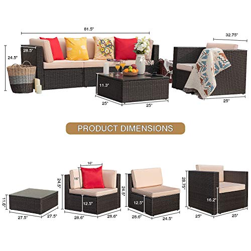 Homall 5 Pieces Outdoor Patio Furniture Sectional Safa Modern Wicker Sets with Cushion All Weather Rattan Conversation Set with Modern Glass Coffee Table for Patio Backyard Poolside Garden