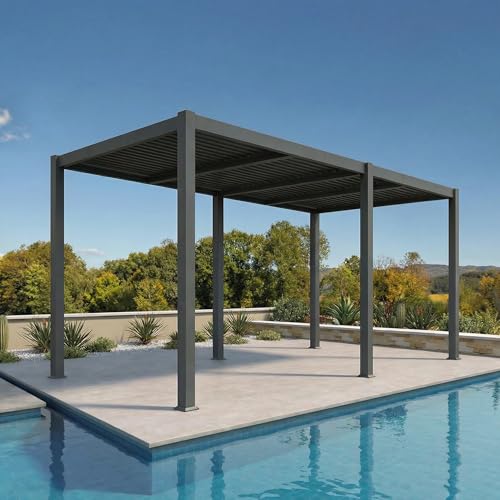 Louvered Pergola 10x12FT, Outdoor Aluminum Pergola with Adjustable Louvered Roof, Weather-Resistant Metal Pergola Shade Structure with Waterproof Curtains and Nets for Garden, Backyard, Poolside