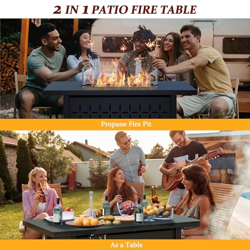 Vongrasig 8 Pieces Patio Furniture Set with 43" Fire Pit, Outdoor Couch Sectional Set, Small Conversation Set, 50,000 BTU Gas Fire Pit Propane Fire Table with Lid, Beige