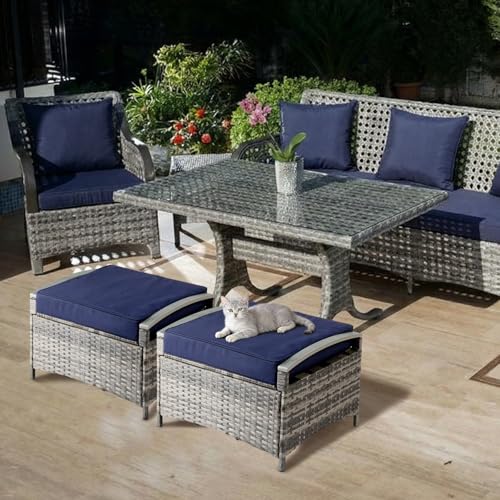 VINGLI 2 Pieces Rattan Ottoman with Storage, Wicker Patio Furniture w/Removable Cushion, Multipurpose Footrest Stool for Outdoor (Classic Gray)