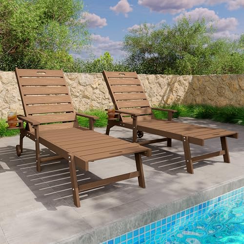 YEFU Lounge Chair Outdoor Set of 2: Outdoor Chaise Lounge with 5-Level Adjustable Backrest, Cup Holders & Wheels, All-Weather Resistance Chaise Lounge for Outside/Patio/Beach/Deck, Teak