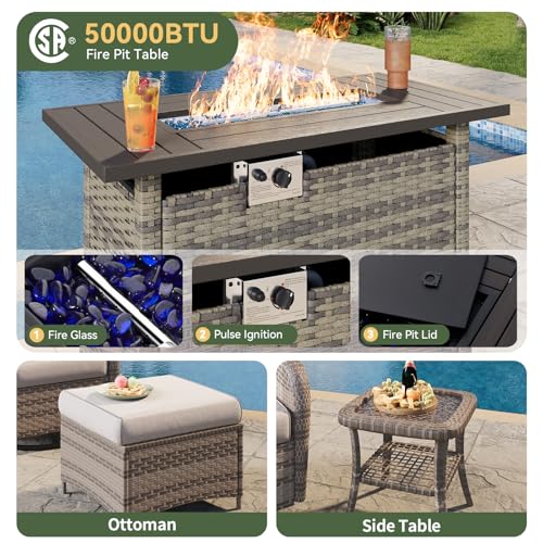 Aoxun 10-Piece Patio Furniture Set with 44” Fire Pit Table, Wicker Rattan Outdoor Sectional Sofa with High Back Swivel Rocker Chairs, Outdoor Patio Furniture Set with Thick Cushions & Ottoman, Grey