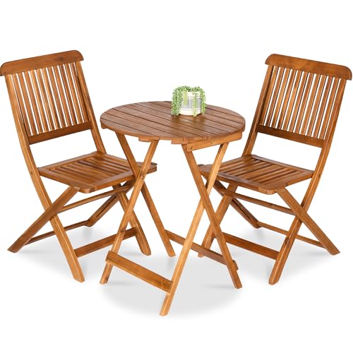 Best Choice Products 3-Piece Acacia Wood Bistro Set, Folding Patio Furniture for Backyard, Balcony, Deck w/ 2 Chairs, Round Coffee Table, Teak Finish - Natural