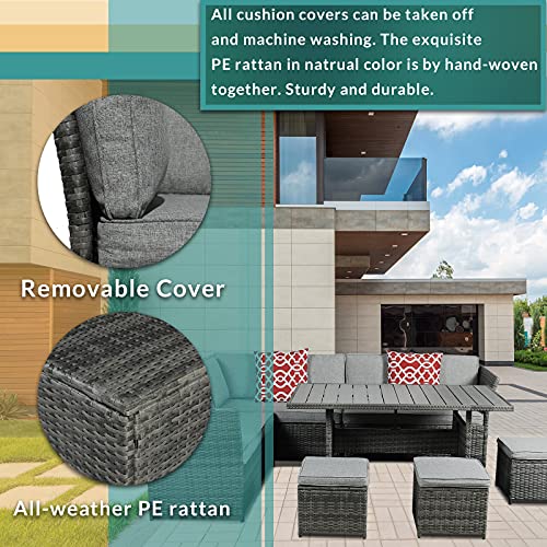 MEETWARM 7 Pieces Wicker Patio Furniture Set Outdoor Conversation Set All Weather Rattan Sectional Sofa Couch Garden Dining Table Chair Set with Ottoman (Gray)