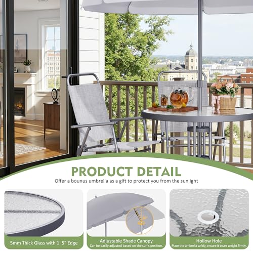 Shintenchi 6 Piece Outdoor Patio Furniture Set, Small Outdoor Patio Dining Table and Chairs Set, Outdoor Seating with Umbrella for Backyard, Balcony, Front Porch, Ice Silver