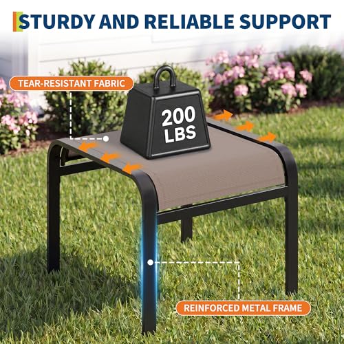 Outdoor Ottoman Set of 2, Outdoor Foot Stool with Textliene Fabric, Metal Frame, Stackable Oversized Foot Rest for Patio Garden Pool, Light Brown