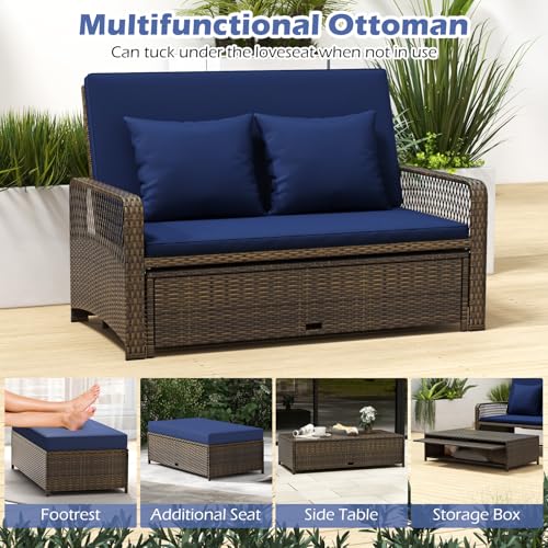 Tangkula Patio Rattan Daybed with 4-Level Adjustable Backrest, 2-Person Outdoor Wicker Loveseat with Storage Ottoman & Soft Cushions, Double Sunbed Lounger for Backyard, Porch, Poolside (Navy)