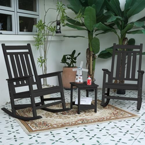 HRVEOCEI Oversized Outdoor Rocking Chair Set of 2 with Table, HDPE Patio Racking Chairs for Front Porch Outside All Weather, 300 LBS Capacity (Set of 2, Black)