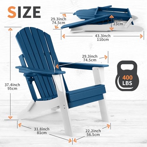 FUNBERRY Folding Adirondack Chair Set of 4, Blue & White All Weather HDPE Fire Pit Chairs with Cup Holder for Outdoor