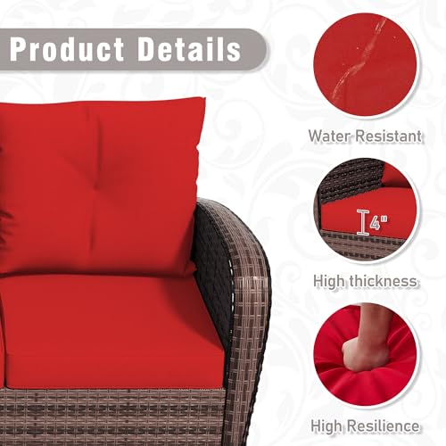 Qsoer 3 Piec Patio Bistro Set with 2 Rocking Chairs & Table, 360° Swivel PE Wicker Outdoor Furniture, Heavy-Duty Steel Frame,Weatherproof Cushions, Red