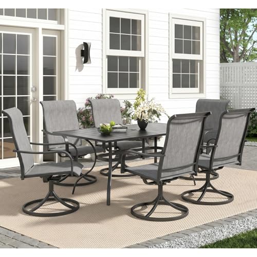 Anmutig 7-Piece Outdoor Patio Dining Set, Outdoor Furniture 6 Sling Dining Swivel Chairs and Steel Frame Slat Rectangular Table with 1.57" Umbrella Hole for Backyard, Grey