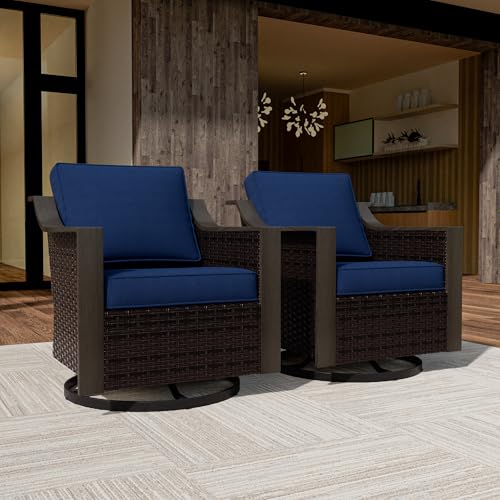 Qsoer Outdoor Wicker Swivel Chair Set of 2, All-Weather Use Patio Rattan Chair with Removable Water-Resistant Cushion, Ideal for Porch, Backyard, Balcony, Poolside, Blue