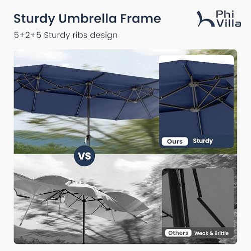 PHI VILLA 13ft Large Patio Umbrellas with Base Included, 2-Tier Double-Sided Outdoor Market Rectangle Umbrella for Outside, Blue