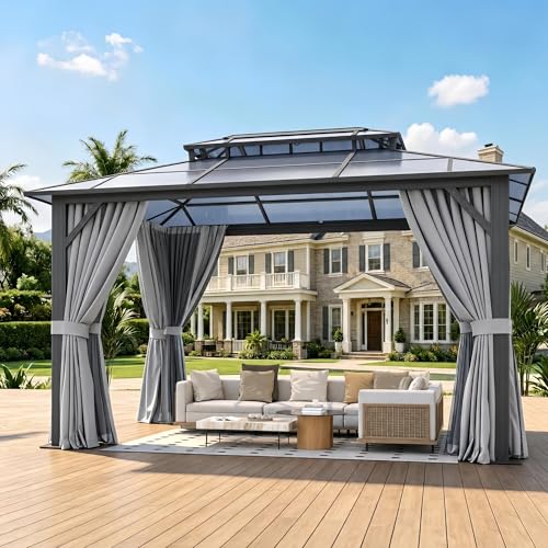 Breezestival 10'x12' Hardtop Gazebo Outdoor Permanent Gazebo with Double Polycarbonate Roof Canopy, Aluminum Frame Permanent Pavilion with Curtains and Netting for Patio,Garden,Lawns