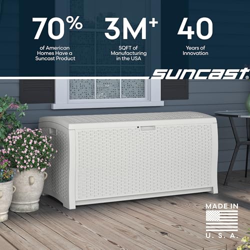 Suncast 99 Gallon Wicker Horizontal Outdoor Deck Box with Hinged Lid, Water-Resistant Storage Solution for Patio, Deck, Yard, and Garage, White, Made in the USA