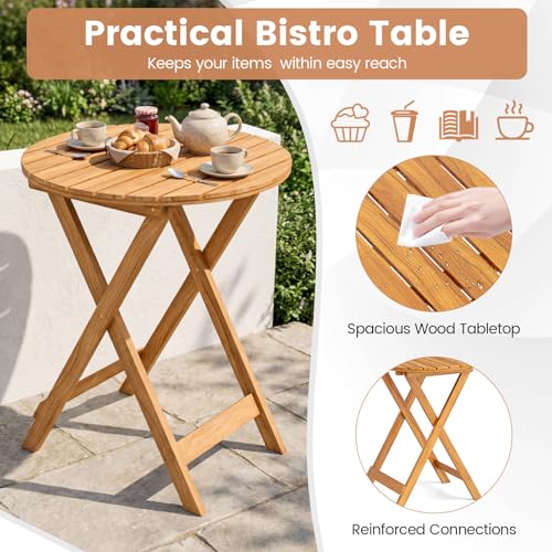 Giantex 3Pcs Patio Bistro Set, Wood Folding Table Set, 2 Cushioned Chairs for Garden Yard, Outdoor Furniture Round Table (Natural & Beige)