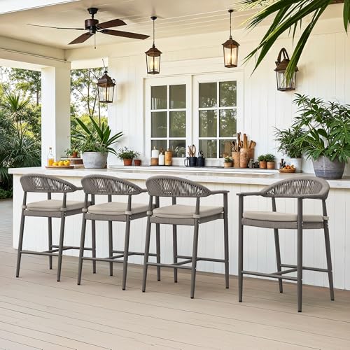 Cozyman Bar Stools Set of 4, 24.8'' Aluminum Outdoor Bar Stool with Removable Cushion, Boho Rattan BarStools, Olefin Rope Woven Bar Chairs with Footrest for Patio, Garden, Pool, Kitchen, Gray