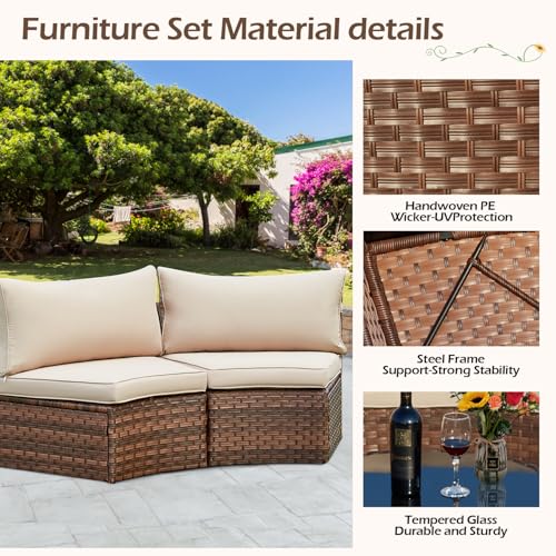 ECOTOUGE Outdoor Patio Furniture Set, 7-Piece Half-Moon All-Weather Wicker Curved Outdoor Sofa, Rattan Conversation Set with Storage Table, Fit for Pool, Backyard, Balcony, Garden(Brown&Beige)