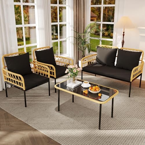 TrailBlaze 4 Piece Patio Conversation Set with Loveseat, Boho Wicker Outdoor Furniture with Glass Side Table & Detachable Cushions, All-Weather Balcony Set for Backyard Porch - Black