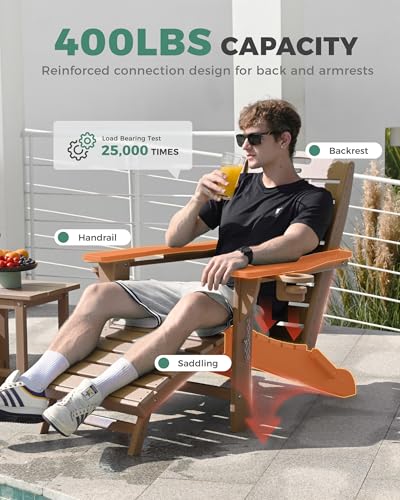 SUUNYN Folding Adirondack Chair with Retractable Ottoman Weather Resistant Fire Pit Chair Patio Chair with 2 Cup Holder Lawn Outdoor Lounge Chair (Teak)