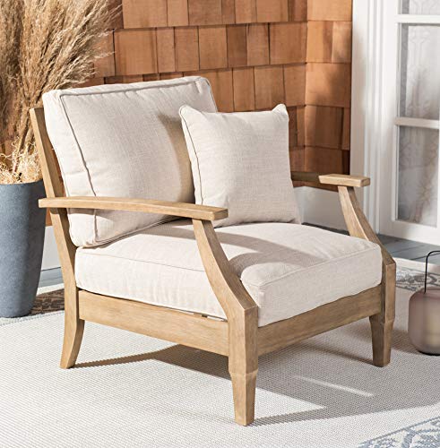 SAFAVIEH Couture Outdoor - Martinique Armchair - Natural & Beige - Solid Wood - Slatted Coastal Design - Ideal for Patio, Deck, Porch, Backyard, 18.3" Seat Height (CPT1011A)