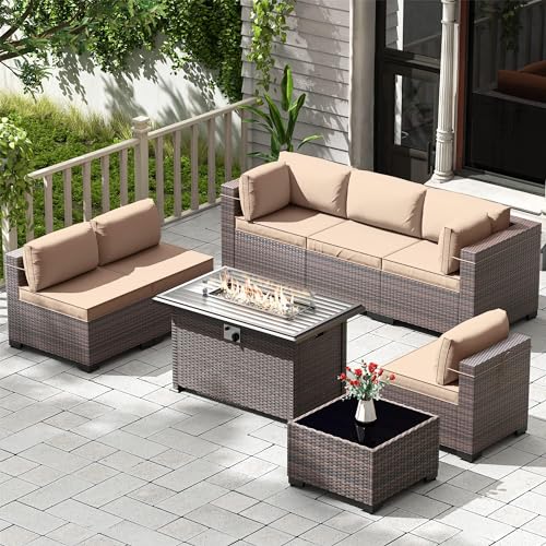 Kullavik 8 Pieces Outdoor Patio Furniture Set,Sectional Sofa Set with 43" 55000 BTU Gas Propane Fire Pit Table,Brown PE Rattan Wicker Patio Conversation Set,Sand